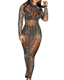 Wenchuang Damen Langarm Durchsichtiges Mesh Paillette Sparkly Bodycon Jumpsuit Clubwear Schwarz M von Wenchuang