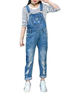 Wenchuang Kinder Mädchen Latzhose Jeans Jumpsuit Overall Zerrissene Lange Jeans Blau 140 von Wenchuang