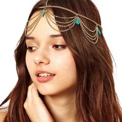 Wendalern Boho Türkis Kopfstück Geschichtet Quaste Haarkette Gold Vintage Anhänger Stirn Stirnband Hochzeit Türkis Stirnbänder Schmuck Für Frauen Mädchen von Wendalern