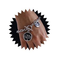 Wendalern Chunky Chain Armband Silber Gliederkette Toggle Armband Strassscheibe Charm OT Verschluss Armband Münze Anhänger Toggle Verschluss Armband Schmuck für Frauen Mädchen(Schwarz-Silber Baum) von Wendalern