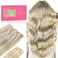 WENNALIFE Clip In Extensions Echthaar, 150g 55cm 9pcs Aschblond Highlights Platinblond Clip In Extensions Hair Extensions Clip In Remy Natürliche Echthaar Extensions Clip Haarverlängerung Echthaar von Wennalife