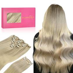 WENNALIFE Clip In Extensions Echthaar, 150g 55cm 9pcs Aschblond bis Goldblond und Platinblond Clip In Extensions Hair Extensions Clip In Natürliche Echthaar Extensions Clip Haarverlängerung Echthaar von Wennalife