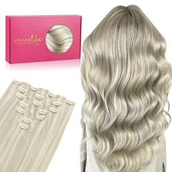 WENNALIFE Nahtlose Clip In Extensions Echthaar, 50cm 7pcs 150g Aschblond Highlights Platinblond Echthaar Extensions Clip Remy Natürliche Seamless PU Clip in Extensions Haarverlängerung Echthaar von Wennalife