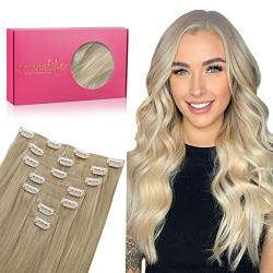 WENNALIFE Nahtlose Clip In Extensions Echthaar, 50cm 7pcs 150g Aschblond bis Goldblond und Platinblond Echthaar Extensions Clip Remy Natürliche Seamless PU Clip in Extensions Haarverlängerung Echthaar von Wennalife