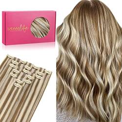 WENNALIFE Nahtlose Clip In Extensions Echthaar, 50cm 7pcs 150g Ash Braun Highlights Goldblond Echthaar Extensions Clip Remy Natürliche Seamless PU Clip in Extensions Haarverlängerung Echthaar von Wennalife