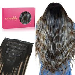 WENNALIFE Nahtlose Clip In Extensions Echthaar, 50cm 7pcs 150g Balayage Natürliches Schwarz bis Hellblond Echthaar Extensions Clip Remy Seamless PU Clip in Extensions Haarverlängerung Echthaar von Wennalife