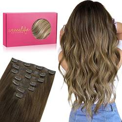 WENNALIFE Nahtlose Clip In Extensions Echthaar, 50cm 7pcs 150g Ombré Walnuss Braun bis Ash Braun und Bleach Blonde Echthaar Extensions Clip Seamless PU Clip in Extensions Haarverlängerung Echthaar von Wennalife