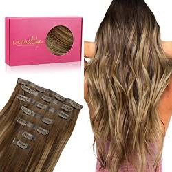 WENNALIFE Nahtlose Clip In Extensions Echthaar, 55cm 7pcs 150g Balayage Schokoladenbraun bis Karamellblond Echthaar Extensions Clip Natürliche Seamless PU Clip in Extensions Haarverlängerung Echthaar von Wennalife