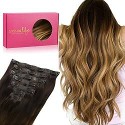 WENNALIFE Nahtlose Clip In Extensions Echthaar, 55cm 7pcs 150g Dunkel Braun bis Chestnut Braun und Dirty Blonde Highlights Echthaar Extensions Seamless PU Clip in Extensions Haarverlängerung Echthaar von Wennalife