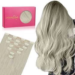 WENNALIFE Nahtlose Clip in Extensions Echthaar, 55cm 7pcs 150g Grau Haarverlängerung Echthaar Extensions Clip Remy Hair Extensions Clip in Natürliche Glatt Seamless PU Haar Extensions von Wennalife