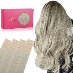WENNALIFE Tape Extensions Echthaar, 20pcs 50g 60cm 24 Zoll Grau Remy Invisible Tape Extensions Seidig Gerade Echthaar Extensions Skin Weft Tape Ins von Wennalife