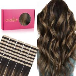 WENNALIFE Tape Extensions Echthaar, 40pcs 120g 65cm 26 Zoll Balayage Dunkel Braun to Chestnut Braun Haarverlängerung Echthaar Extensions Invisible Tape in Extensions Echthaar Seidig Hair Extensions von Wennalife