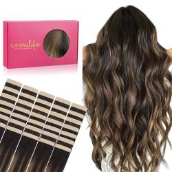 WENNALIFE Tape Extensions Echthaar, 40pcs 120g 65cm 26 Zoll Balayage Natürliches Schwarz bis Chestnut Braun Haarverlängerung Echthaar Extensions Invisible Tape in Extensions Echthaar Hair Extensions von Wennalife