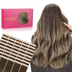 WENNALIFE Tape Extensions Echthaar, 40pcs 120g 65cm 26 Zoll Balayage Schokoladenbraun bis Honigblond Haarverlängerung Echthaar Extensions Invisible Tape in Extensions Echthaar Seidig Hair Extensions von Wennalife