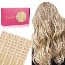 WENNALIFE Tape Extensions Echthaar, 40pcs 120g 65cm 26 Zoll Hellblond Highlights Goldblond Haarverlängerung Echthaar Extensions Tape Invisible Tape in Extensions Echthaar Seidig Hair Extensions von Wennalife