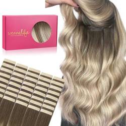 WENNALIFE Tape Extensions Echthaar, 40pcs 120g 65cm 26 Zoll Sandbraun bis Platinblond Haarverlängerung Echthaar Extensions Tape Invisible Tape in Extensions Echthaar Seidig Hair Extensions Seidig von Wennalife