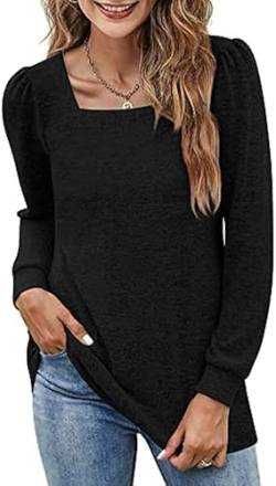 Wenrine Damen Langarmshirt U Ausschnitt Puffärmel Oberteil Basic Casual Einfarbig, Schwarz, L von Wenrine