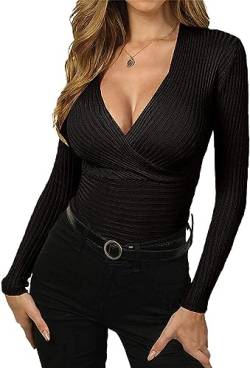 Wenrine Damen Langarmshirt V-Ausschnitt Wickel Sexy Pullover Slim Fit Gerippt Oberteile, Schwarz, L von Wenrine