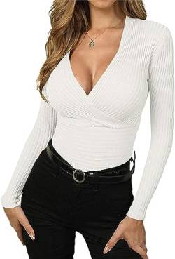 Wenrine Damen Langarmshirt V-Ausschnitt Wickel Sexy Pullover Slim Fit Gerippt Oberteile, Weiß, M von Wenrine