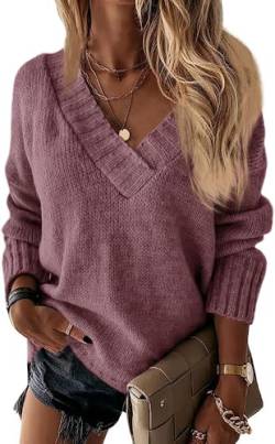 Wenrine Damen Pullover Winter Langarm V-Ausschnitt Strickpullover Sexy Lose Einfarbig von Wenrine