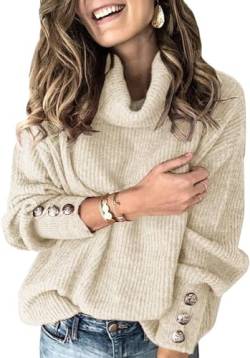 Wenrine Damen Rollkragen Pullover Winter Langarm Lose Strickpullover Casual Warm Gestrickt mit Metallknöpfen, Beige, L von Wenrine