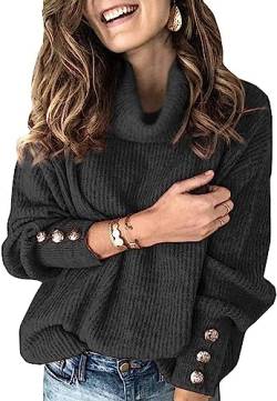 Wenrine Damen Rollkragen Pullover Winter Langarm Lose Strickpullover Casual Warm Gestrickt mit Metallknöpfen von Wenrine