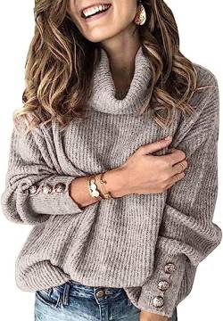 Wenrine Damen Rollkragen Pullover Winter Langarm Lose Strickpullover Casual Warm Gestrickt mit Metallknöpfen von Wenrine