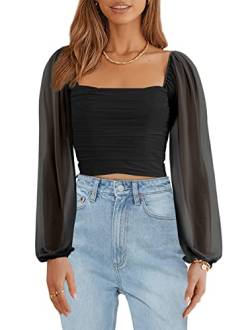 Wenrine Damen Sommer Mesh Langarm Tops Quadratischer Ausschnitt Geraffte Party Club Casual Crop Bluse Shirt, Schwarz, Mittel von Wenrine