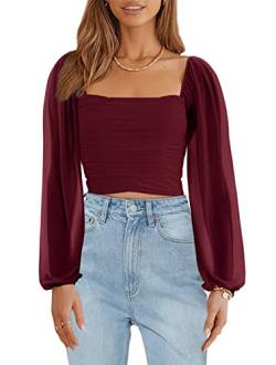 Wenrine Damen Sommer Mesh Langarm Tops Quadratischer Ausschnitt Geraffte Party Club Casual Crop Bluse Shirt, Weinrot, Groß von Wenrine