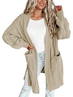 Wenrine Damen Strickjacke Winter Lang Cardigan Zopfmuster mit Taschen, Khaki, S von Wenrine