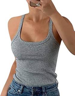 Wenrine Damen Tops Sommer Sexy U-Ausschnitt Gerippt Spaghetti Top Slim Fit Cami Einfarbig, Grau, M von Wenrine