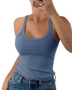 Wenrine Damen Tops Sommer Sexy U-Ausschnitt Gerippt Spaghetti Top Slim Fit Cami Einfarbig, Hellblau, M von Wenrine