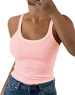 Wenrine Damen Tops Sommer Sexy U-Ausschnitt Gerippt Spaghetti Top Slim Fit Cami Einfarbig, Rosa, L von Wenrine