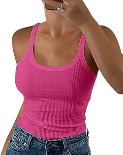 Wenrine Damen Tops Sommer Sexy U-Ausschnitt Gerippt Spaghetti Top Slim Fit Cami Einfarbig, Rosenrot, S von Wenrine