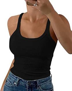 Wenrine Damen Tops Sommer Sexy U-Ausschnitt Gerippt Spaghetti Top Slim Fit Cami Einfarbig, Schwarz, 2XL von Wenrine