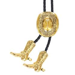 Bolo Krawatten für Herren Western - 3D Cowboy Hut Bolo Tie Design mit Vintage Cowboy Stiefeln Bolo Krawatte Western Bolotie Cowboy Bola Krawatte, Goldfarbener Cowboyhut, Large von Wentur