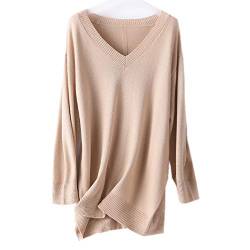 Wenwenma Damen Kaschmir-Pullover V-Ausschnitt Lange Lose Pullover Lässige Mode Langarm-Pullover (Beige, Medium) von Wenwenma