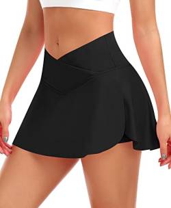 Plissierter Tennisrock mit Shorts für Damen, hohe Taille, überkreuzt, athletische Golfkorts mit Taschen, Minirock, Schwarz , 34 von Werena