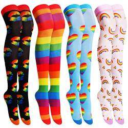 Wesiti 4 Paar Regenbogen LGBT Pride Socken gestreifte Oberschenkelhohe Strümpfe für Frauen, bunte Stolz über dem Knie, hohe Socken, Geschenke für Frauen und Mädchen, Regenbogenfarben, Medium-Large von Wesiti