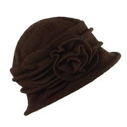 West See Damen Vintage Wolle Cloche Bucket Hut Beret Topfhut mit Blumendetail Wintermütze (Coffee) von West See