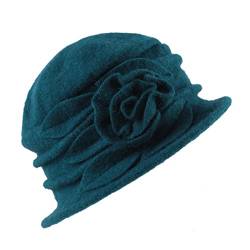 West See Damen Vintage Wolle Cloche Bucket Hut Beret Topfhut mit Blumendetail Wintermütze (blau) von West See