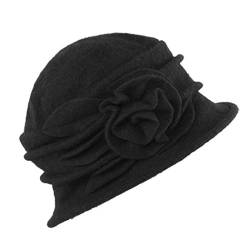 West See Damen Vintage Wolle Cloche Bucket Hut Beret Topfhut mit Blumendetail Wintermütze (schwarz) von West See