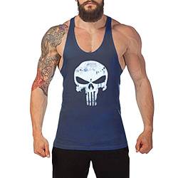 West See Herr Mann Tops Tank Tankshirt Vintage Skull Totenkopf T-Shirt Weste Muscleshirt Print (EU L, Dunkelblau) von West See