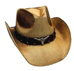 Western Ranch Strohhut Cowboyhut beige braun geflammt mit Leder - Hutband Longhorn und Nieten (57-58) von Western Ranch
