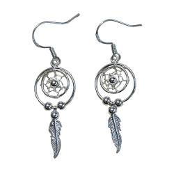 Ohrringe Ohrhänger Traumfänger mit silbernen Perlen und Feder 925er Sterling Silber von Westernlifestyle