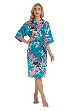 Westkun Damen Kimono Morgenmantel Lange Satin Bademantel Sexy Pfau Gedruckt Strickjacke Kimono Lang Robe Nachtwäsche Nachthemd für Braut Schlafanzug Party 3/4 Arm(Blau,3XL) von Westkun