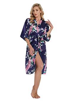 Westkun Damen Kimono Morgenmantel Lange Satin Bademantel Sexy Pfau Gedruckt Strickjacke Kimono Lang Robe Nachtwäsche Nachthemd für Braut Schlafanzug Party 3/4 Arm(Dunkelblau,3XL) von Westkun