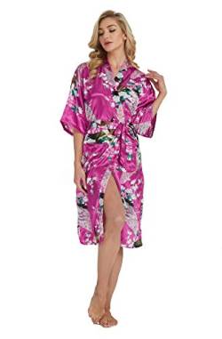 Westkun Damen Kimono Morgenmantel Lange Satin Bademantel Sexy Pfau Gedruckt Strickjacke Kimono Lang Robe Nachtwäsche Nachthemd für Braut Schlafanzug Party 3/4 Arm(Rosarot,S) von Westkun