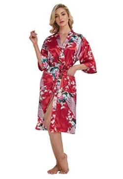 Westkun Damen Kimono Morgenmantel Lange Satin Bademantel Sexy Pfau Gedruckt Strickjacke Kimono Lang Robe Nachtwäsche Nachthemd für Braut Schlafanzug Party 3/4 Arm(Rot,3XL) von Westkun