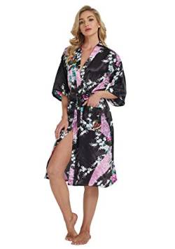 Westkun Damen Kimono Morgenmantel Lange Satin Bademantel Sexy Pfau Gedruckt Strickjacke Kimono Lang Robe Nachtwäsche Nachthemd für Braut Schlafanzug Party 3/4 Arm(Schwarz,M) von Westkun